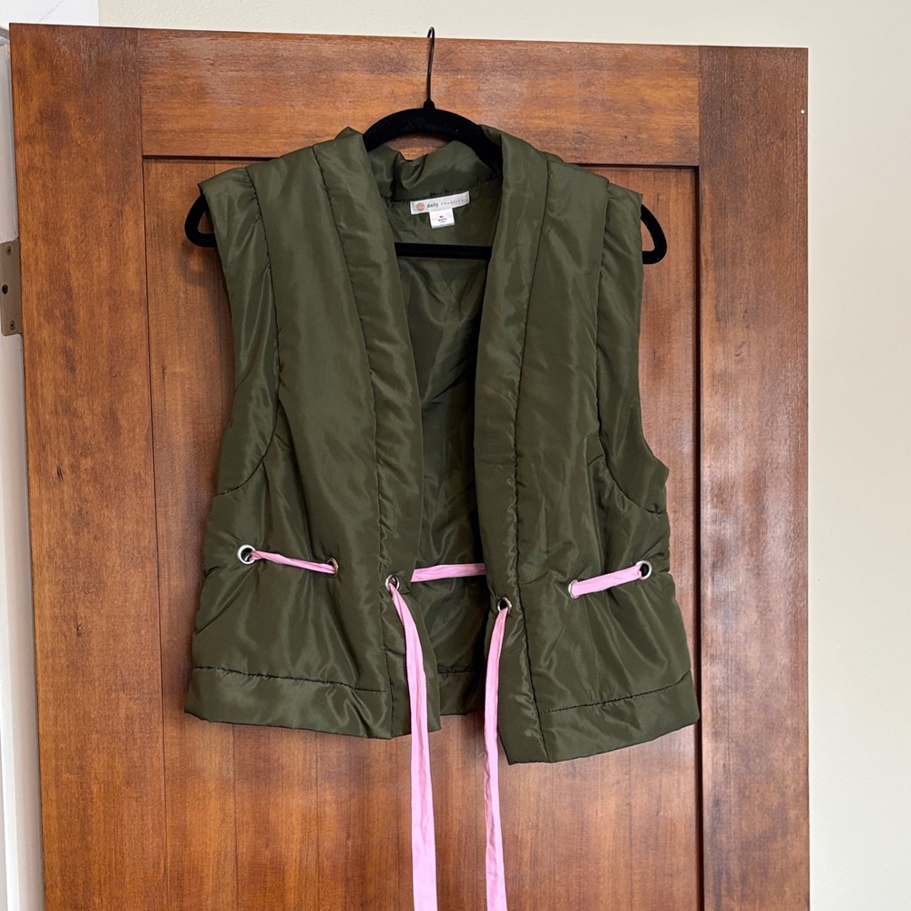 Anthropology Olive Green Women's Vest with Pink Ribbon Tie Accent